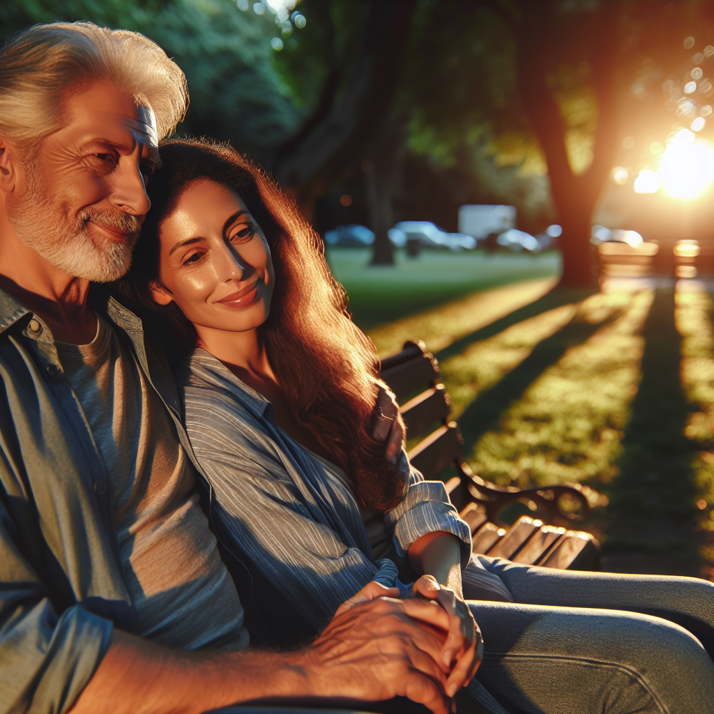 A diverse couple, one partner significantly older than the other, enjoying a peaceful moment together in a serene park. The sun is setting, casting a golden glow that emphasizes the emotional warmth and connection between them.