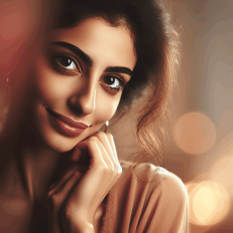 A woman with a loving gaze, her eyes filled with warmth and affection, smiling gently. In the background, soft colors and light create a romantic atmosphere, symbolizing feelings of love and connection.