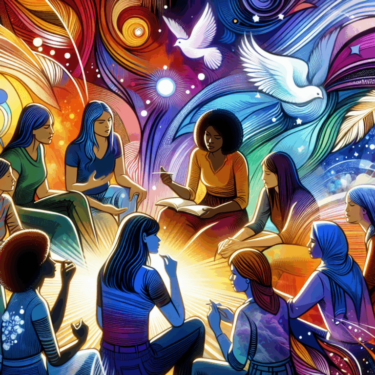 A vibrant and provocative illustration showing diverse women confidently engaging in discussions about their sexual fantasies. The setting is colorful, inclusive, and empowering, highlighting themes of freedom and exploration in sexuality.