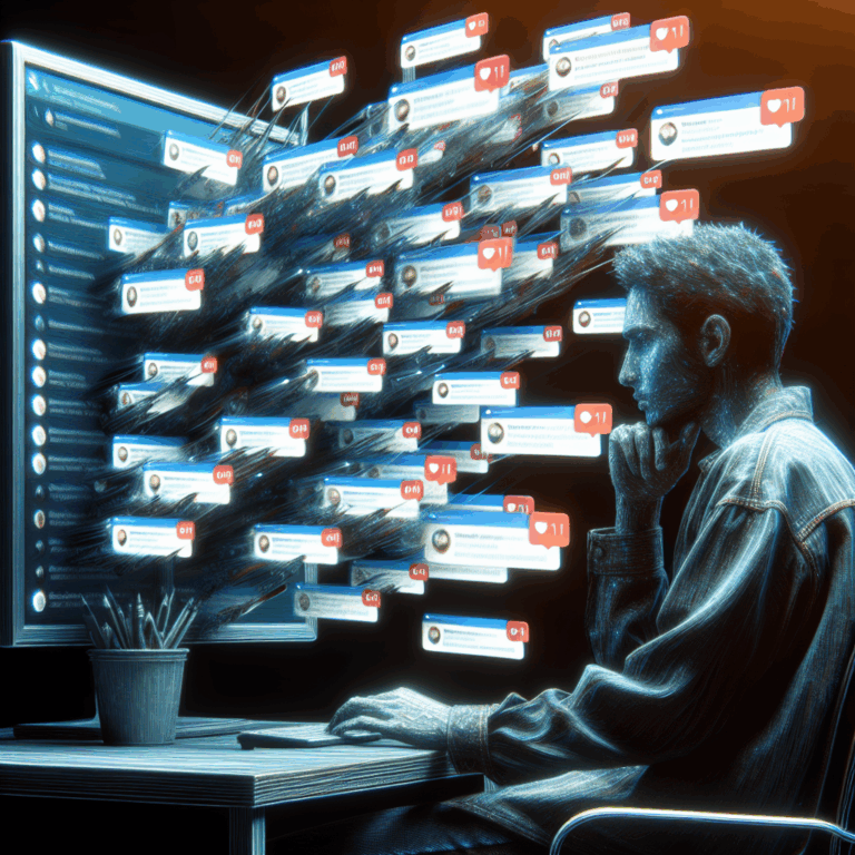 Un utilisateur de réseau social face à un écran rempli de notifications, principalement des commentaires répétitifs et intrusifs. L'utilisateur est assis dans une posture réfléchie, illustrant l'analyse et la gestion de ce phénomène en ligne. L'image doit être numérique, moderne, et représenter les réseaux sociaux de manière artistique et abstraite.