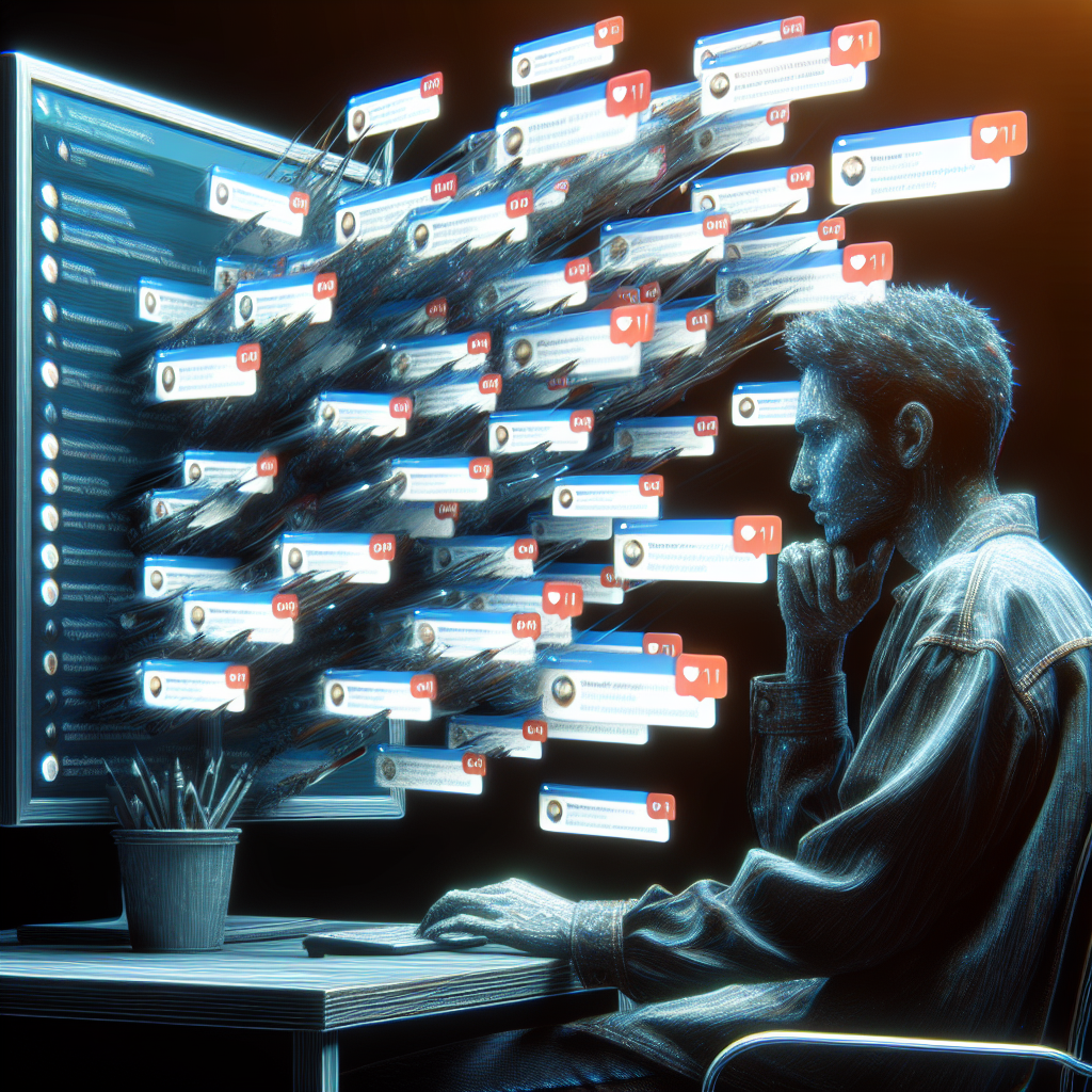 Un utilisateur de réseau social face à un écran rempli de notifications, principalement des commentaires répétitifs et intrusifs. L'utilisateur est assis dans une posture réfléchie, illustrant l'analyse et la gestion de ce phénomène en ligne. L'image doit être numérique, moderne, et représenter les réseaux sociaux de manière artistique et abstraite.