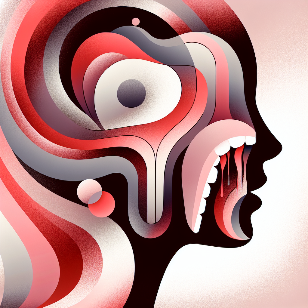 Illustration artistique d'une silhouette neutre stylisée évoquant le thème de la santé bucco-dentaire, avec des éléments abstraits représentant la fragilité du palais humain dans des dégradés de rouge et rose pour symboliser les petites hémorragies.
