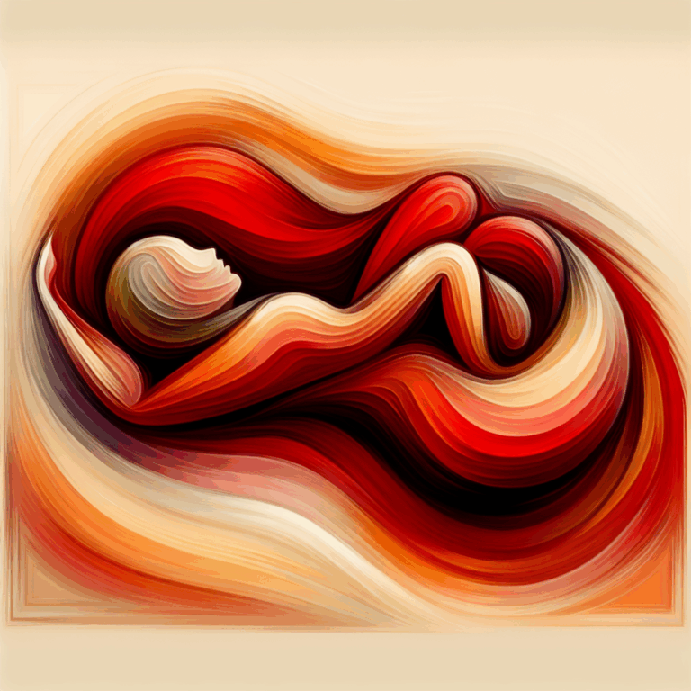 A sensual and artistic depiction of the 'Lasagna Position', showcasing two abstract figures lying closely, intertwined in an intimate embrace. The artwork should have warm, inviting colors like reds and oranges, emphasizing passion and comfort.