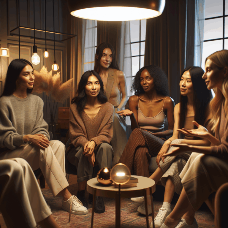 A diverse group of confident women sharing and discussing their fantasies in a cozy, intimate setting, with dim lighting and a modern setting, encapsulating the concept of exploration and comfort in self-discovery.
