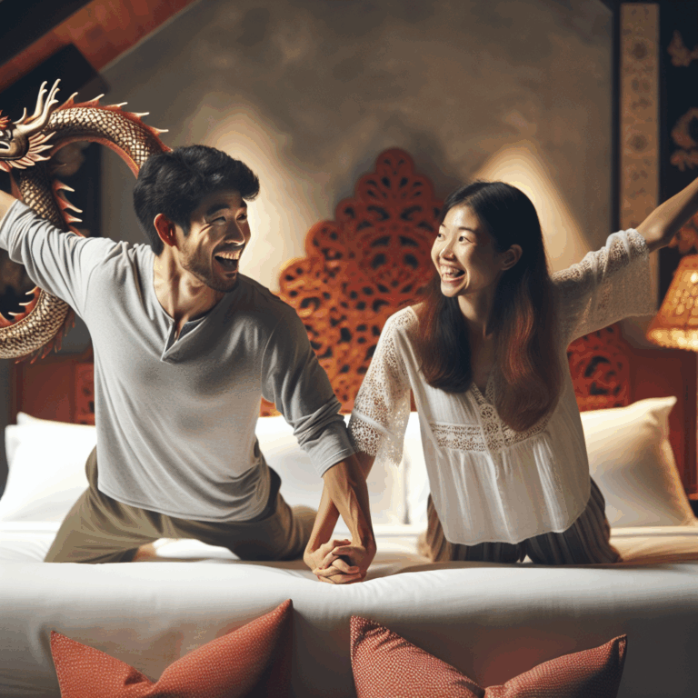 A couple experimenting with the upright dragon position. The setting is a cozy bedroom with soft lighting, showcasing a visible edge of the bed where the couple is positioned. The atmosphere is intimate and adventurous, conveying a sense of exploration and shared joy.