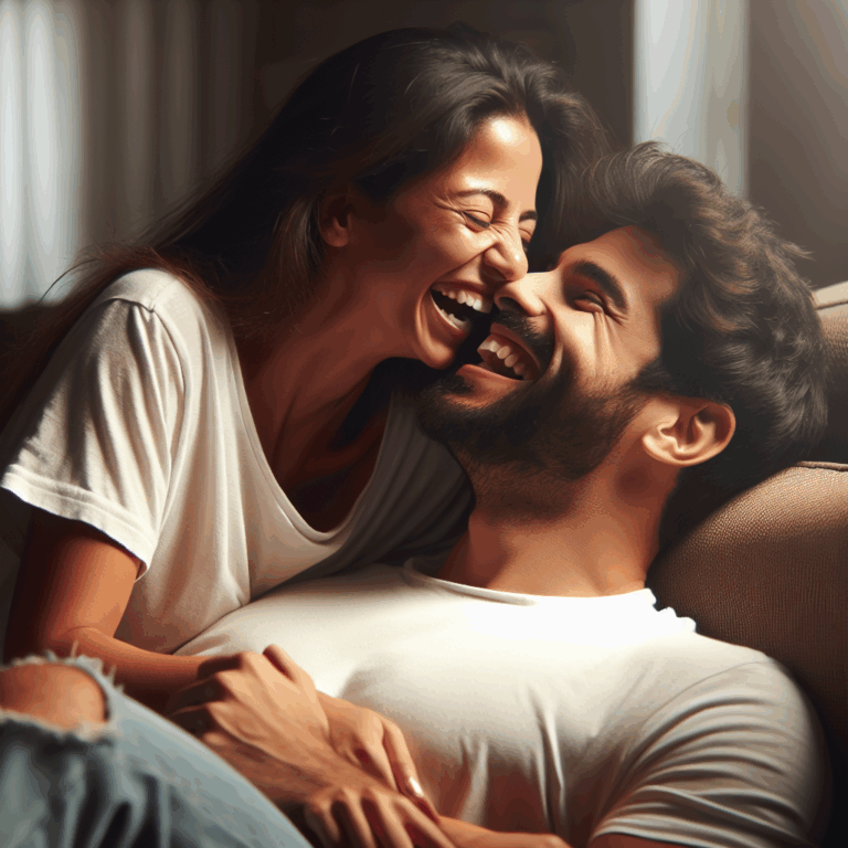 A playful and affectionate couple, cuddling and laughing together on a cozy couch. One partner playfully leans towards the other, pretending to bite gently, illustrating a warm and loving moment. The scene is intimate and filled with soft, ambient lighting, capturing a sense of joy and tenderness.