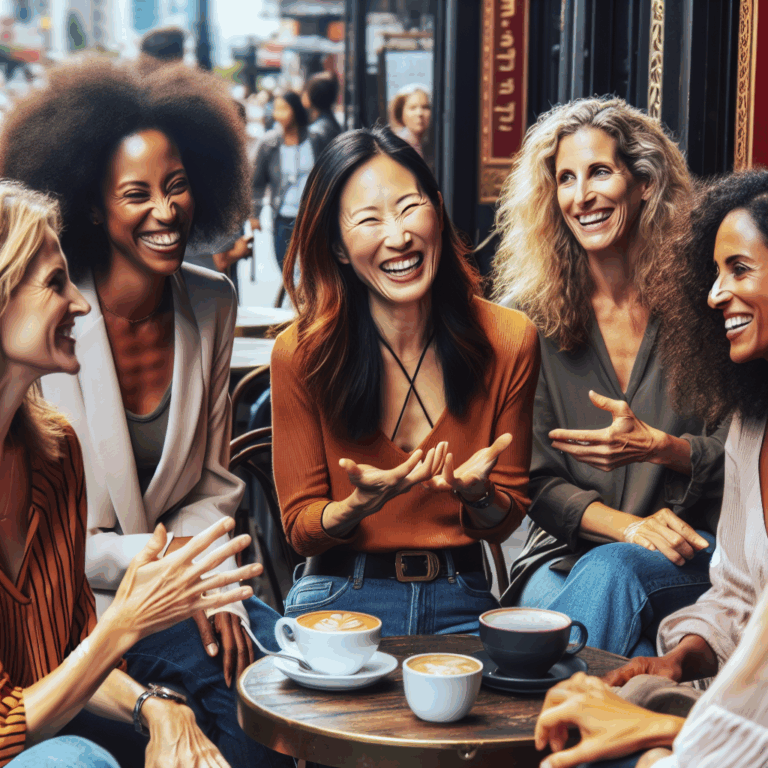 A group of confident women of diverse backgrounds gathering in a vibrant city cafe, discussing openly and laughing, with expressions of curiosity and liberation, symbolizing empowerment and sexual freedom.