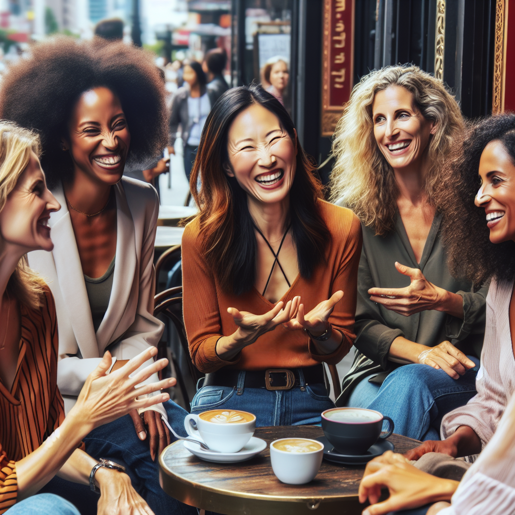 A group of confident women of diverse backgrounds gathering in a vibrant city cafe, discussing openly and laughing, with expressions of curiosity and liberation, symbolizing empowerment and sexual freedom.