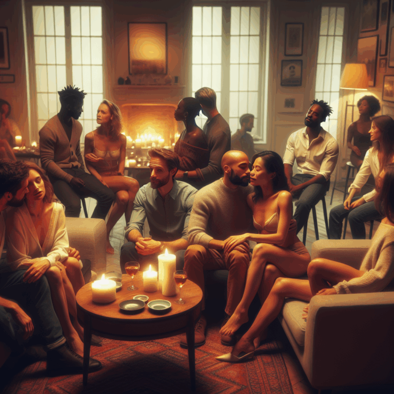 A discreetly lit, intimate gathering of couples in a stylish living room setting, engaging in soft, sensual interactions. The atmosphere should feel cozy and inviting, with warm tones and subtle suggestions of flirtation and connection.