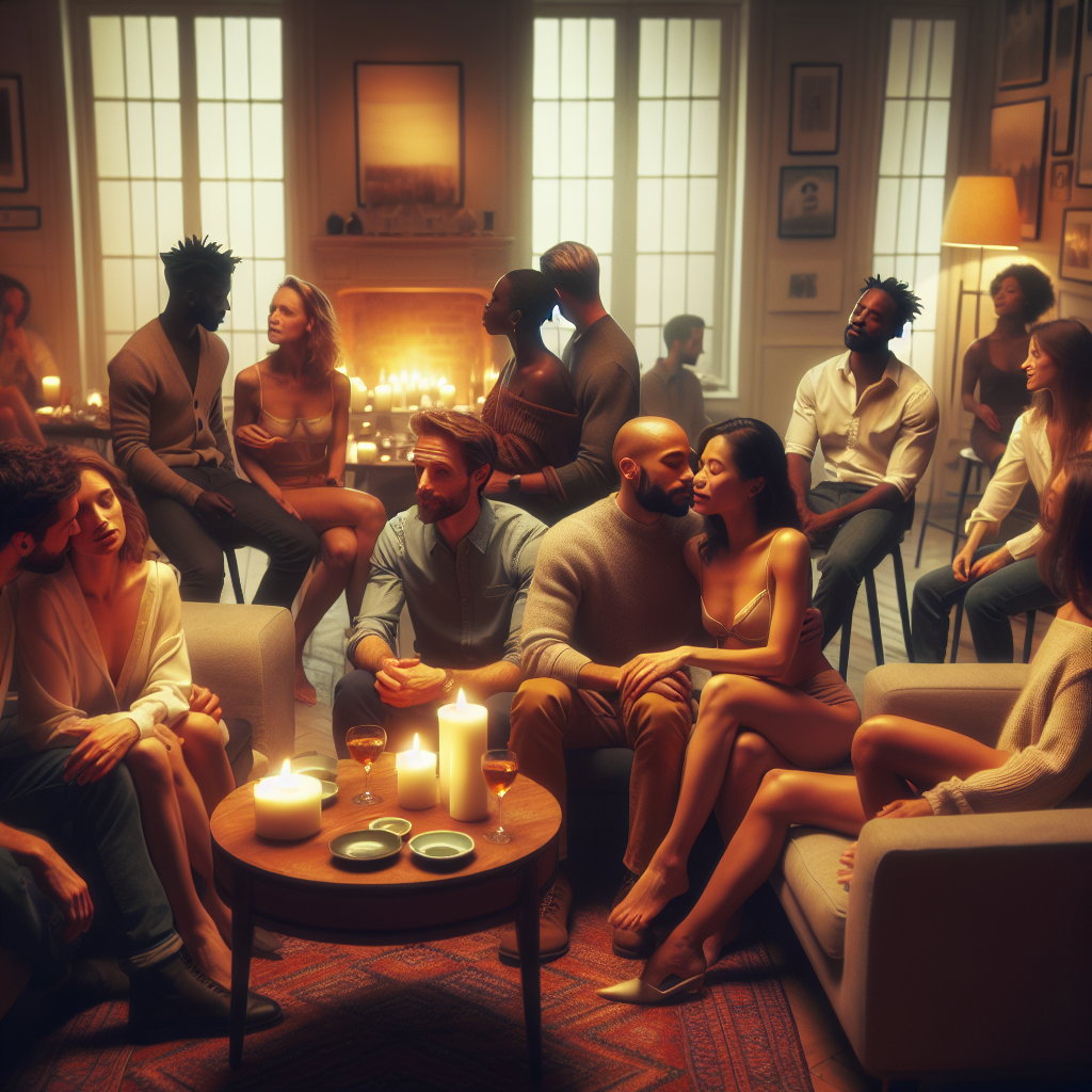 A discreetly lit, intimate gathering of couples in a stylish living room setting, engaging in soft, sensual interactions. The atmosphere should feel cozy and inviting, with warm tones and subtle suggestions of flirtation and connection.