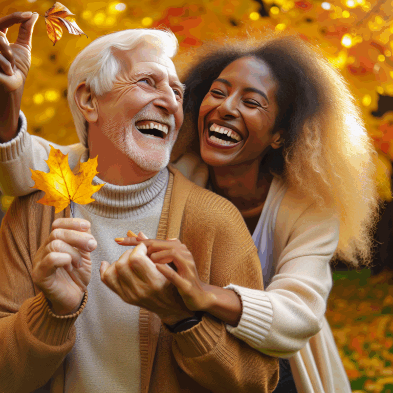 A couple of significantly different ages, looking happy and in love, sharing a joyful moment outdoors in a colorful park during autumn. The older partner playfully holding a fallen leaf, while the younger partner laughs, with golden leaves falling around them.
