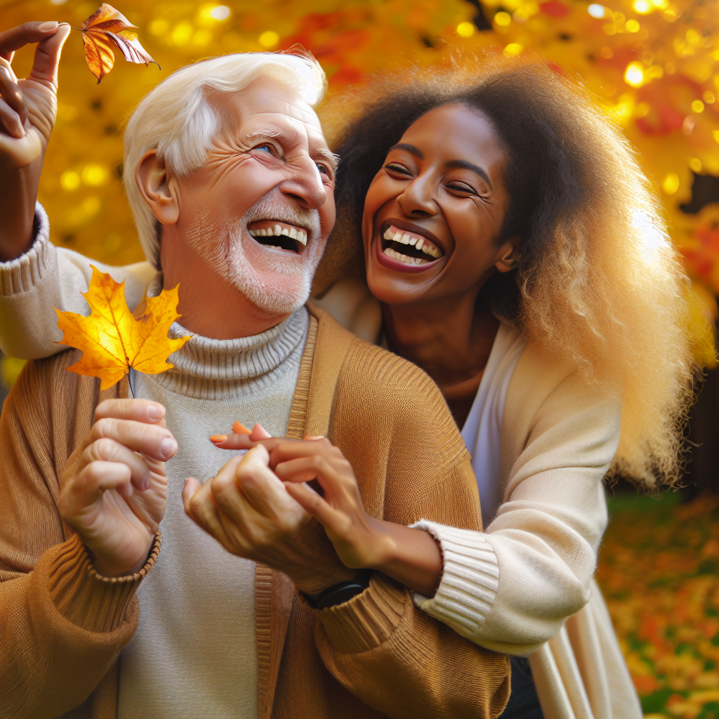A couple of significantly different ages, looking happy and in love, sharing a joyful moment outdoors in a colorful park during autumn. The older partner playfully holding a fallen leaf, while the younger partner laughs, with golden leaves falling around them.