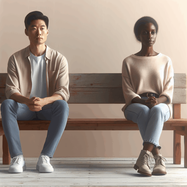 A couple sitting on opposite ends of a bench, looking contemplative but calm, with soft pastel colors in the background to convey a sense of tranquility and reflection.