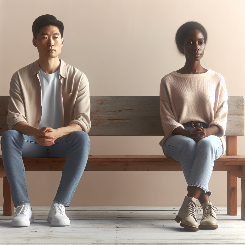 A couple sitting on opposite ends of a bench, looking contemplative but calm, with soft pastel colors in the background to convey a sense of tranquility and reflection.