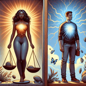 A concept illustration showing a couple with contrasting appearances; one person looks confident and self-assured, while the other appears insecure and doubtful. The background includes subtle elements that represent emotional imbalance, like balancing scales and broken mirrors.