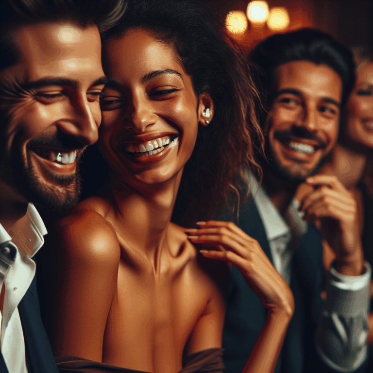 A close-up of two couples in a dimly lit, elegant room sharing a warm, friendly laughter. Their body language is open and relaxed, suggesting mutual respect and boundaries. The ambiance is intimate yet classy, with soft lighting highlighting their expressions of joy and excitement.