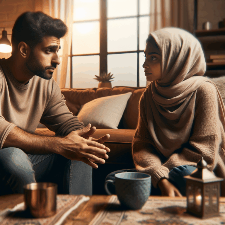 A couple having a serious conversation in a cozy living room, with expressions of understanding and empathy. The setting is intimate, with warm lighting and comfortable furniture, conveying a sense of support and communication.