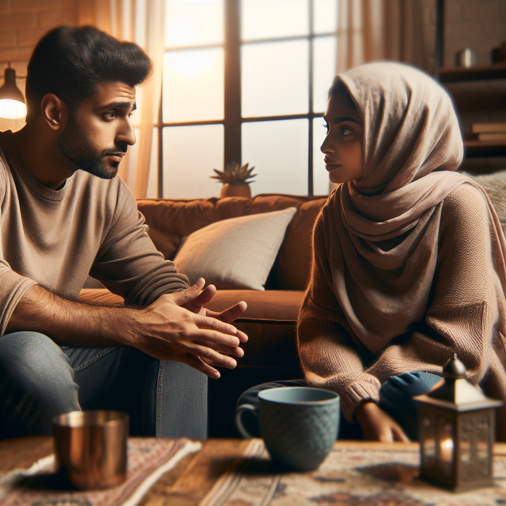 A couple having a serious conversation in a cozy living room, with expressions of understanding and empathy. The setting is intimate, with warm lighting and comfortable furniture, conveying a sense of support and communication.