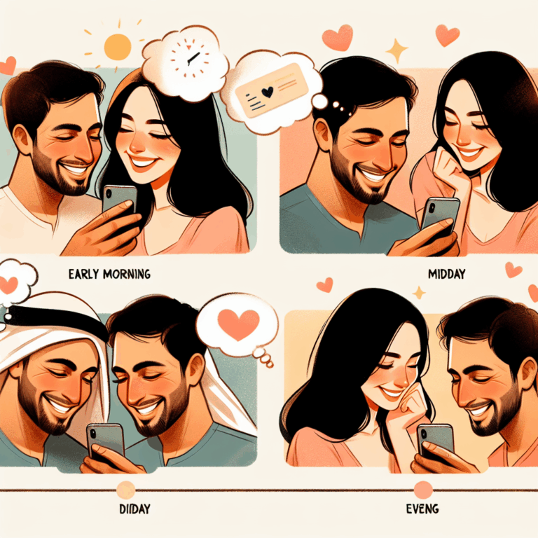 A romantic couple exchanging playful text messages during various parts of their day, smiling and feeling connected even when apart, with thought bubbles and hearts to symbolize love and connection.