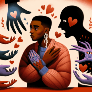 Illustration showing a person torn between manipulated affection and underlying emotional abuse in a relationship, depicting the concept of 'Love Smattering' in a symbolic and emotional way.