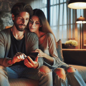 A loving couple using a smartphone together, sitting on a cozy couch, surrounded by soft lighting and warm decor, illustrating a modern relationship enhanced by technology.