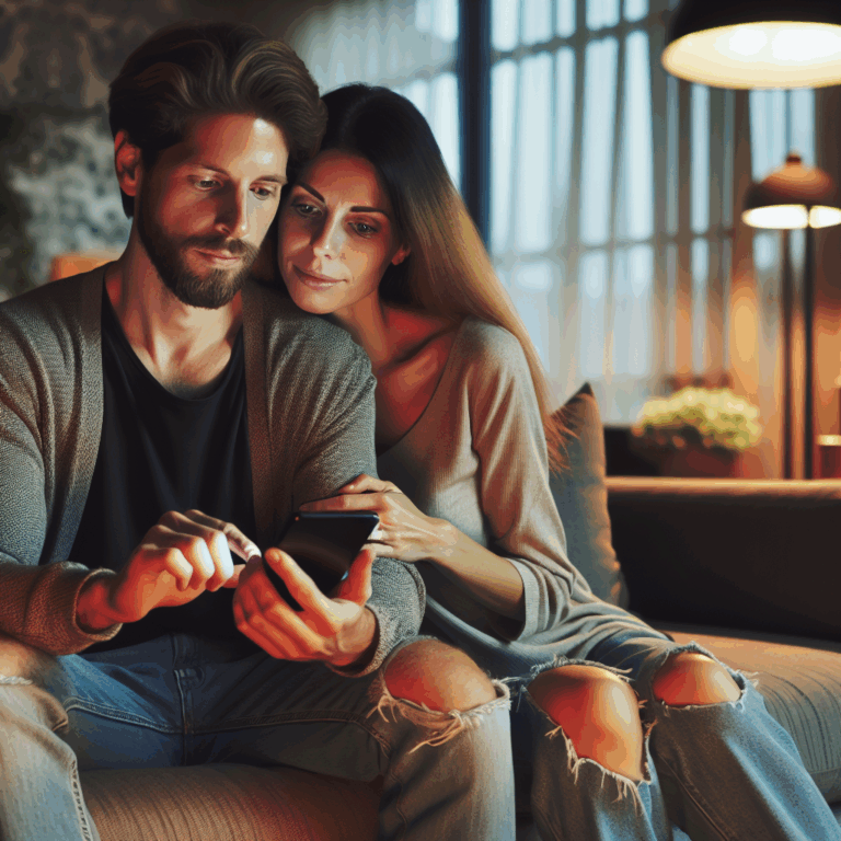 A loving couple using a smartphone together, sitting on a cozy couch, surrounded by soft lighting and warm decor, illustrating a modern relationship enhanced by technology.