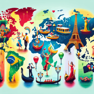 A vibrant global map highlighting countries renowned for passionate love, with iconic symbols representing each nation such as samba dancers for Brazil, gondolas for Italy, and Eiffel Tower for France.