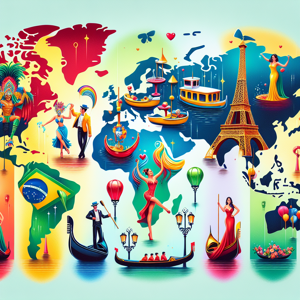 A vibrant global map highlighting countries renowned for passionate love, with iconic symbols representing each nation such as samba dancers for Brazil, gondolas for Italy, and Eiffel Tower for France.