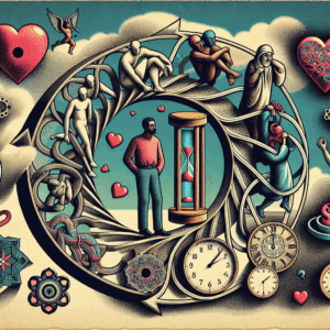 A conceptual illustration of a dating cycle, depicting a person trapped in a loop of repeating similar dating scenarios, with symbolic elements of time and love, in a surreal art style.