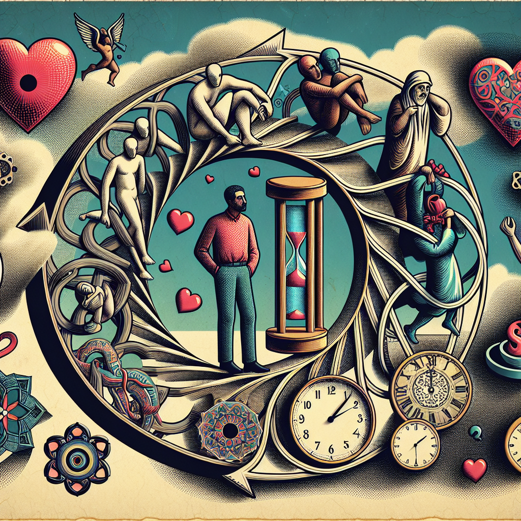A conceptual illustration of a dating cycle, depicting a person trapped in a loop of repeating similar dating scenarios, with symbolic elements of time and love, in a surreal art style.
