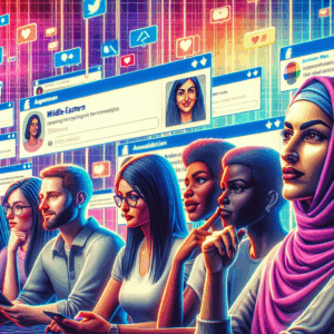 A social media feed with diverse users interacting online, focusing on a persistent user constantly replying to posts. Bright colors, digital atmosphere, diverse characters, showcasing various emotions like annoyance and amusement.