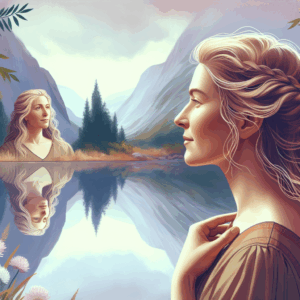 An empowering and tasteful illustration of a woman exploring and understanding her body in a peaceful and introspective setting, symbolizing self-discovery and confidence in sexual health.