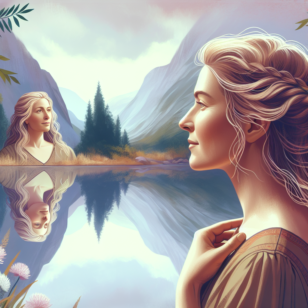An empowering and tasteful illustration of a woman exploring and understanding her body in a peaceful and introspective setting, symbolizing self-discovery and confidence in sexual health.