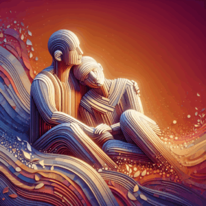 A sensual and intimate scene featuring two abstract human figures lying intertwined in a loving embrace, inspired by the concept of lasagna with layered sheets. The setting is warm and inviting, with soft lighting that highlights the contours of the figures. The depiction is tasteful, artistic, and abstract, avoiding explicit details.
