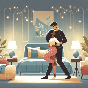 A couple engaged in the standing dragon position, with the standing partner behind, illustrating intimacy and passion. Bedroom setting with soft lighting for a romantic atmosphere.