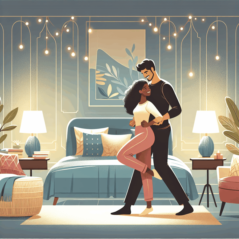 A couple engaged in the standing dragon position, with the standing partner behind, illustrating intimacy and passion. Bedroom setting with soft lighting for a romantic atmosphere.