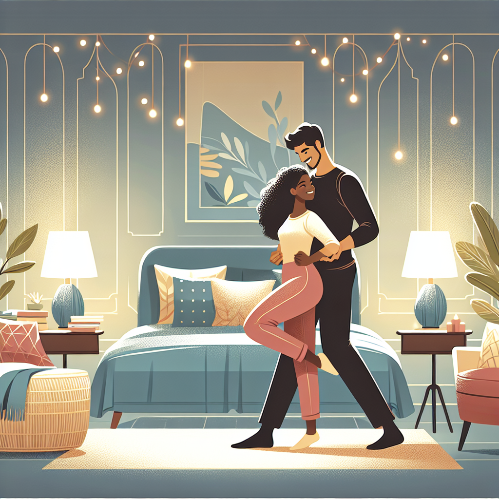 A couple engaged in the standing dragon position, with the standing partner behind, illustrating intimacy and passion. Bedroom setting with soft lighting for a romantic atmosphere.