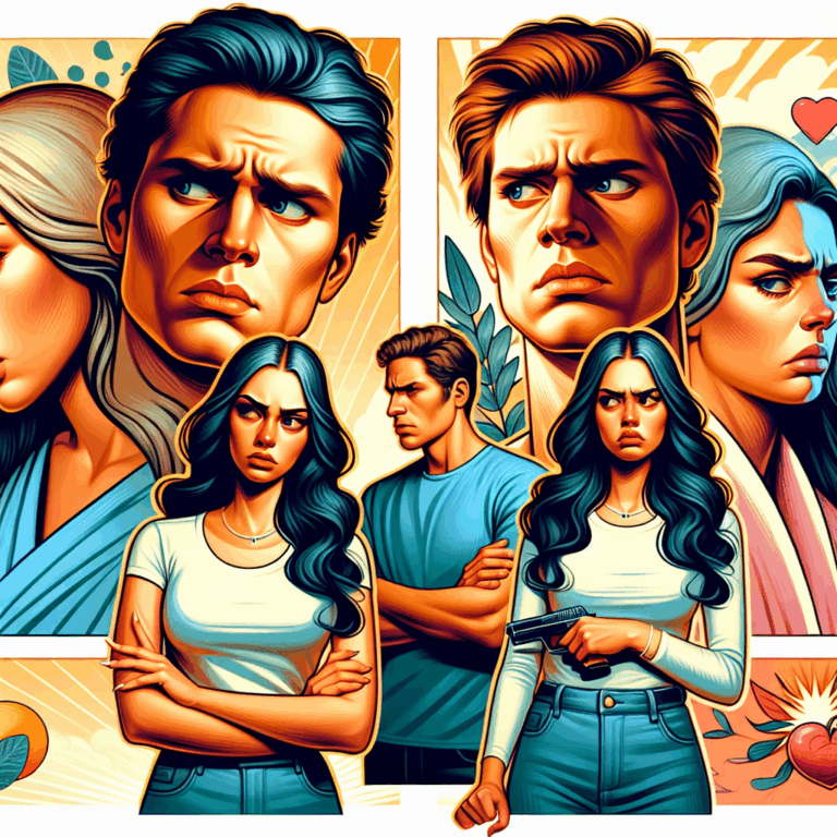 A thoughtful illustration depicting different types of jealousy in relationships: a partner looking worried, another sulking, contrasting emotions in a modern, colorful style representing the emotional spectrum of jealousy.
