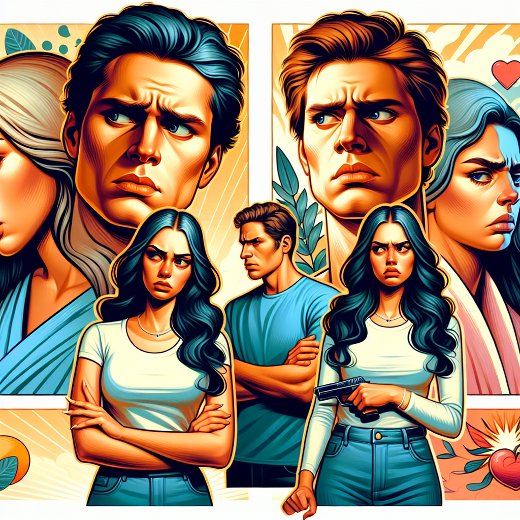 A thoughtful illustration depicting different types of jealousy in relationships: a partner looking worried, another sulking, contrasting emotions in a modern, colorful style representing the emotional spectrum of jealousy.