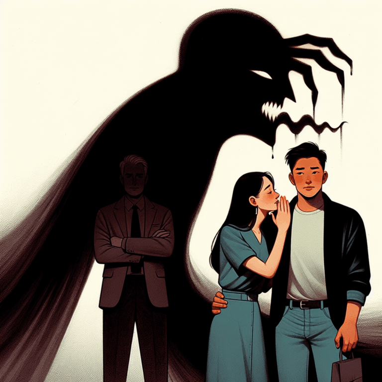 A conceptual illustration showing a couple where one partner is whispering compliments to the other, with a dark, ominous shadow in the background symbolizing hidden toxicity.