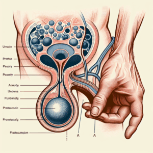 A subtle and tasteful depiction of human anatomy emphasizing the prostate and anal area, focusing on educational aspects of pleasure and anatomy in a non-explicit manner, hinting at exploration and open-mindedness in sexual experiences.