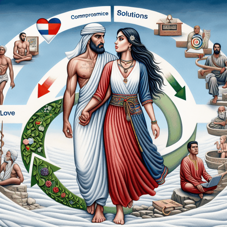 Une illustration représentant un couple traversant différentes phases de leur relation, symbolisant les défis et les solutions au fil du temps. L'image doit inclure des éléments montrant l'évolution d'une relation amoureuse.