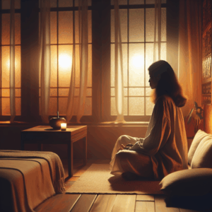 A calm, introspective scene depicting a person in a serene and intimate setting, exploring self-discovery and prolonged pleasure, faintly bathed in warm, soft lighting to convey a sense of tranquillity and sensuality.
