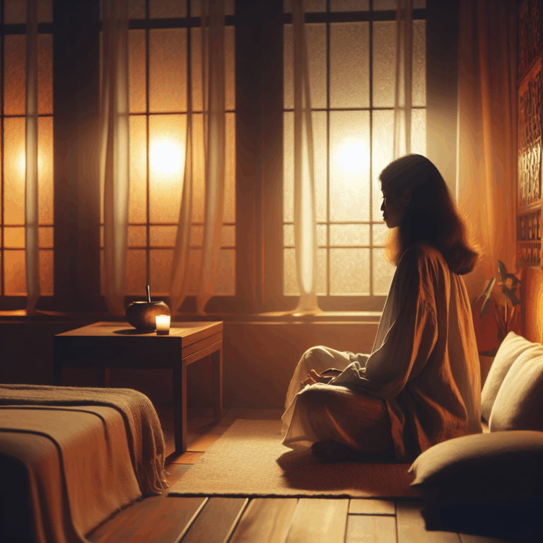 A calm, introspective scene depicting a person in a serene and intimate setting, exploring self-discovery and prolonged pleasure, faintly bathed in warm, soft lighting to convey a sense of tranquillity and sensuality.