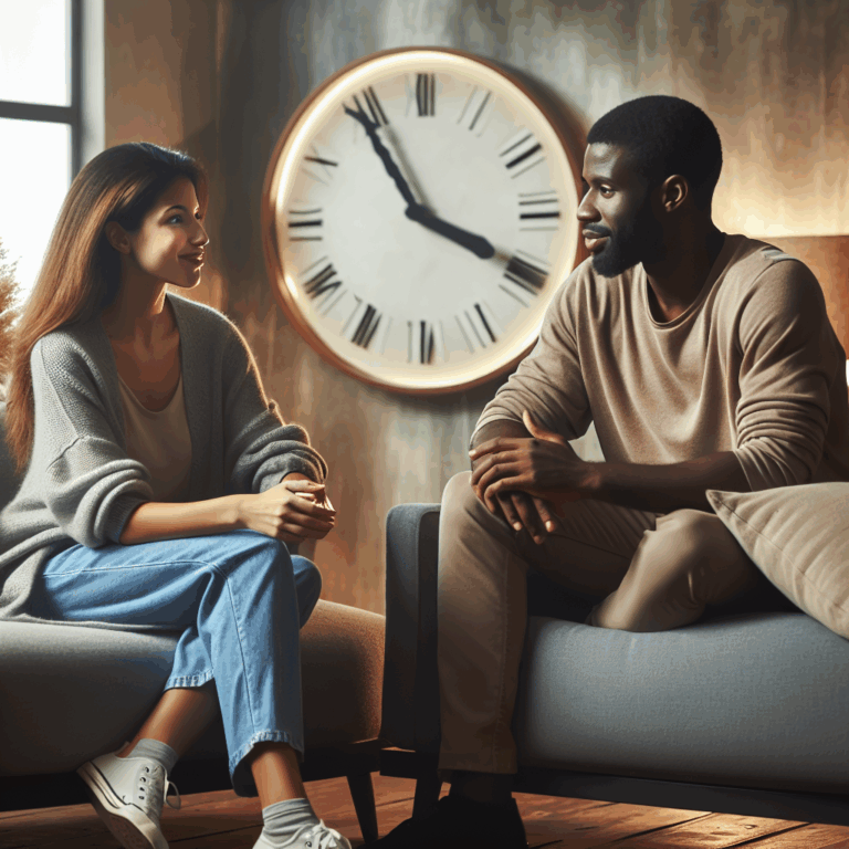A couple sitting on a sofa, visibly relaxed, calmly discussing, with a clock showing 24 hours in the background, in a cozy living room setting.