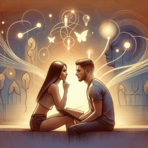 A tasteful and informative illustration of a couple exploring intimacy and trust, focusing on communication and mutual consent; the scene should be artful, sensual, yet educational, set in a warm, intimate atmosphere.