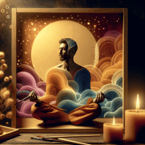 An artistic depiction of a serene and intimate setting with subtle, warm lighting. The focus is on a person engaging in a meditative, almost transe-like state, symbolizing the concept of prolonged pleasure and self-discovery, with abstract, gentle waves of color reflecting sensory stimulation.