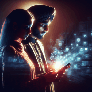 A silhouette of a suspicious couple looking at a smartphone screen in a dark, moody setting, reflecting digital shadows and symbols of online apps.