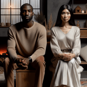 A peaceful couple sitting separately, each with calm expressions, symbolizing the 24-hour rule to diffuse arguments, set in a cozy home environment.