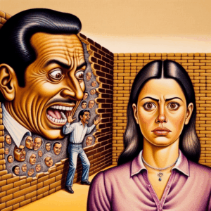 An illustration showing a couple with one partner giving excessive compliments while the other looks confused and trapped, symbolizing the love smattering behavior in toxic relationships.